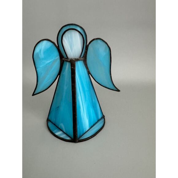 Vintage Stained Glass Angel Iridescent Blue Standing Votive Candle Holder - Picture 1 of 5
